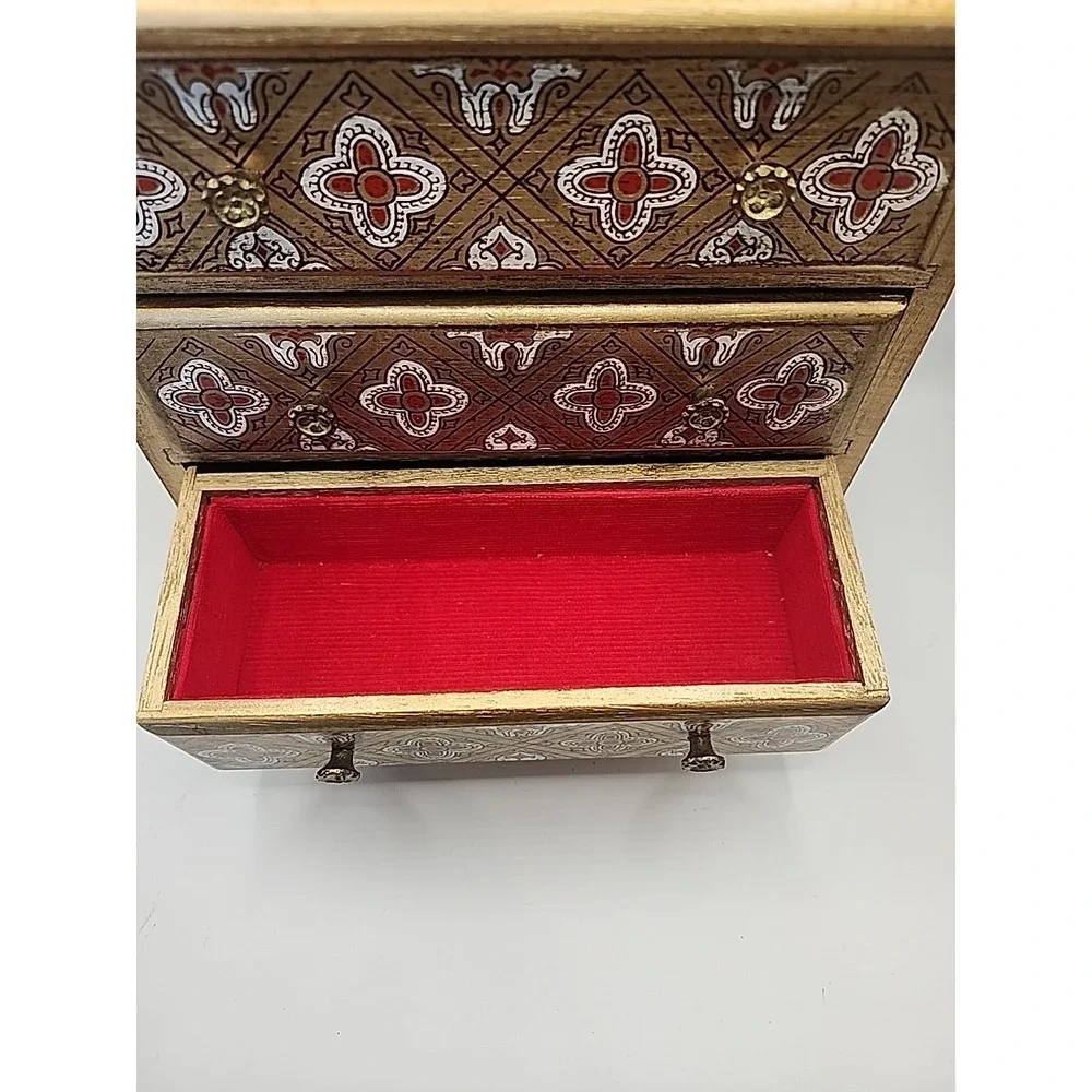 VTG 3 Drawer Musical Red & Gold Gilt Footed Jelery Box